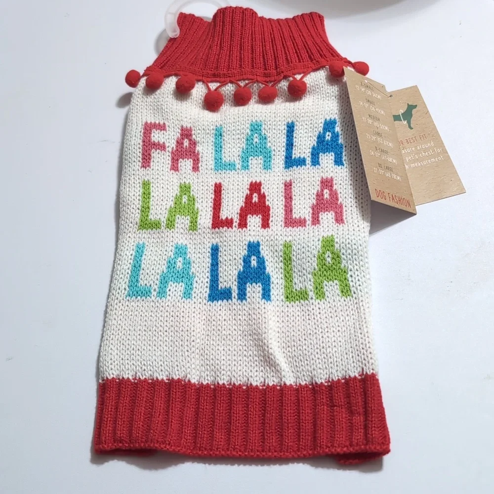Christmas Holiday dog sweater Fa La La red Pom Pom neck New XS/S